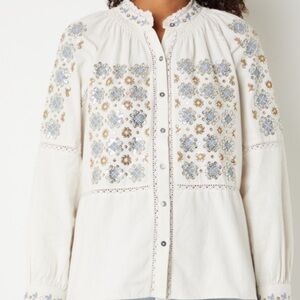 Antik Batik Cream Blouse with Blue and Gold Embroidery Blouse